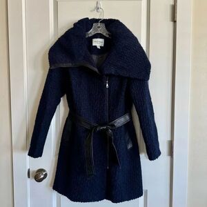 Cole Haan Blue Teddy Jacket with Oversized Collar and Belt